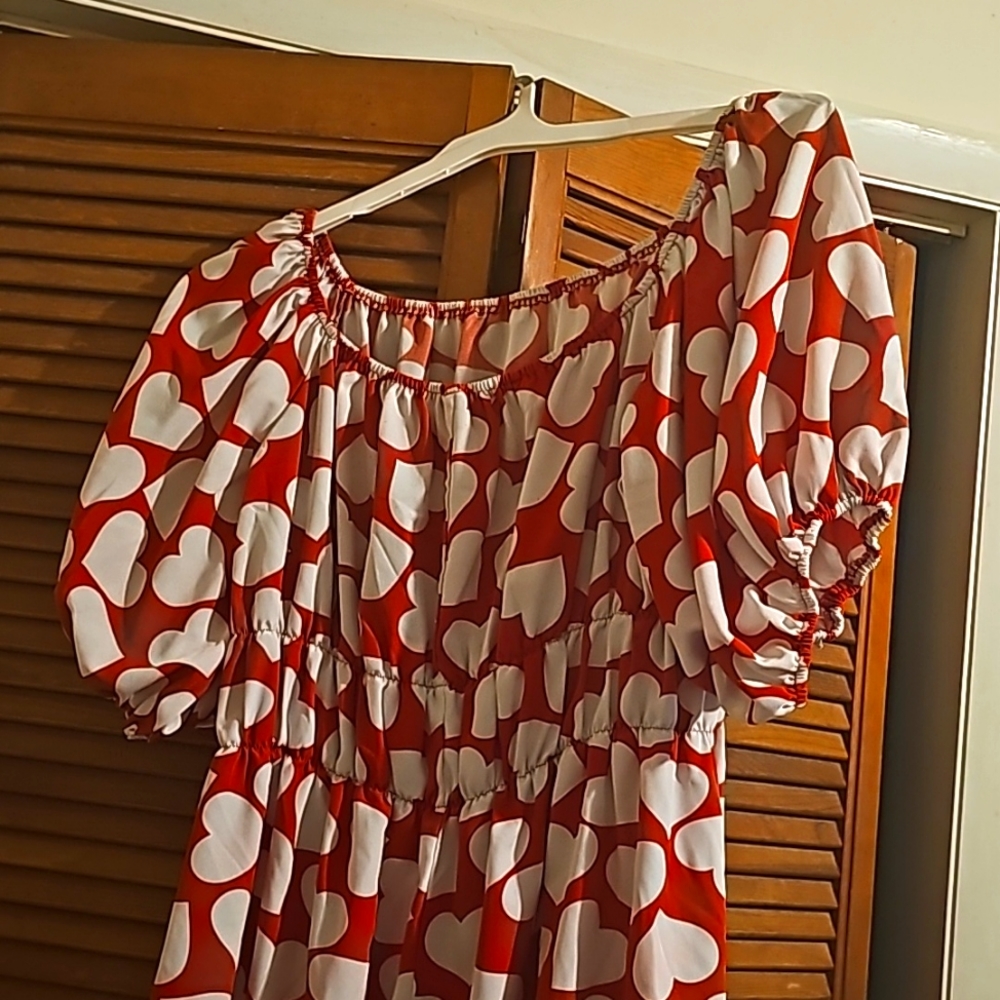 Red Dress With White Hearts XXXL Puffy Sleeves Oversized